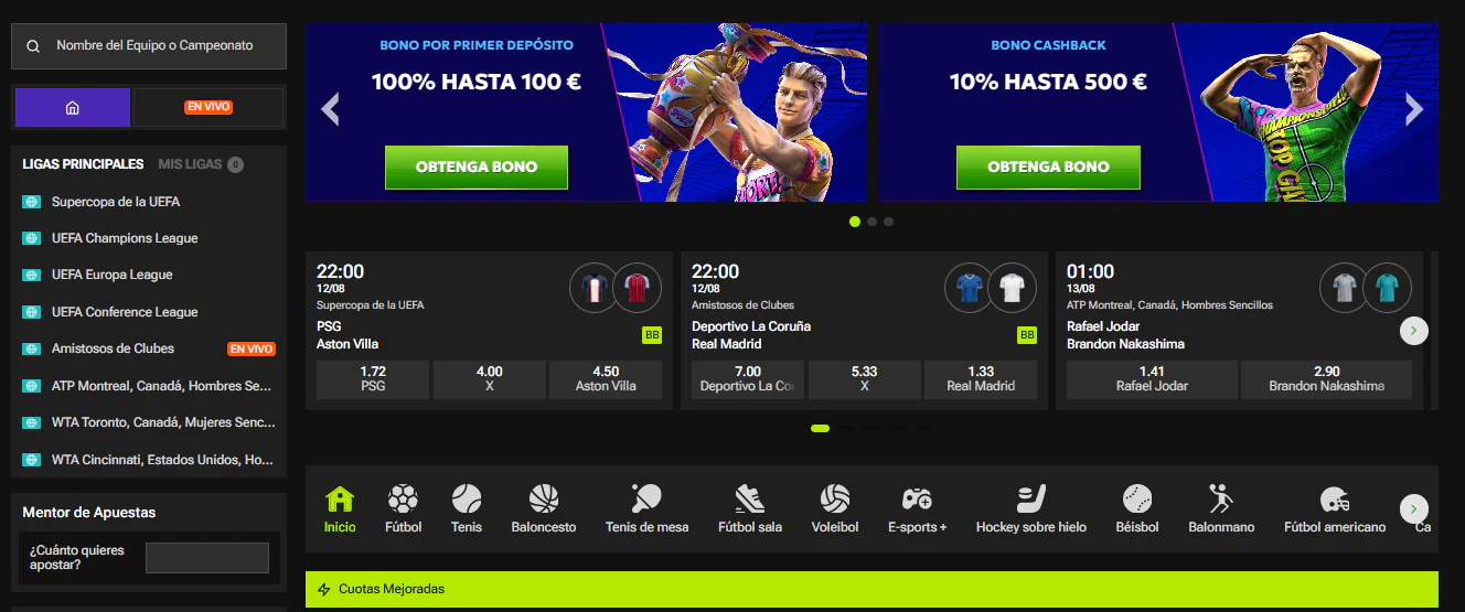 Sección de apuestas deportivas, eSports y eventos en RTBet Casino